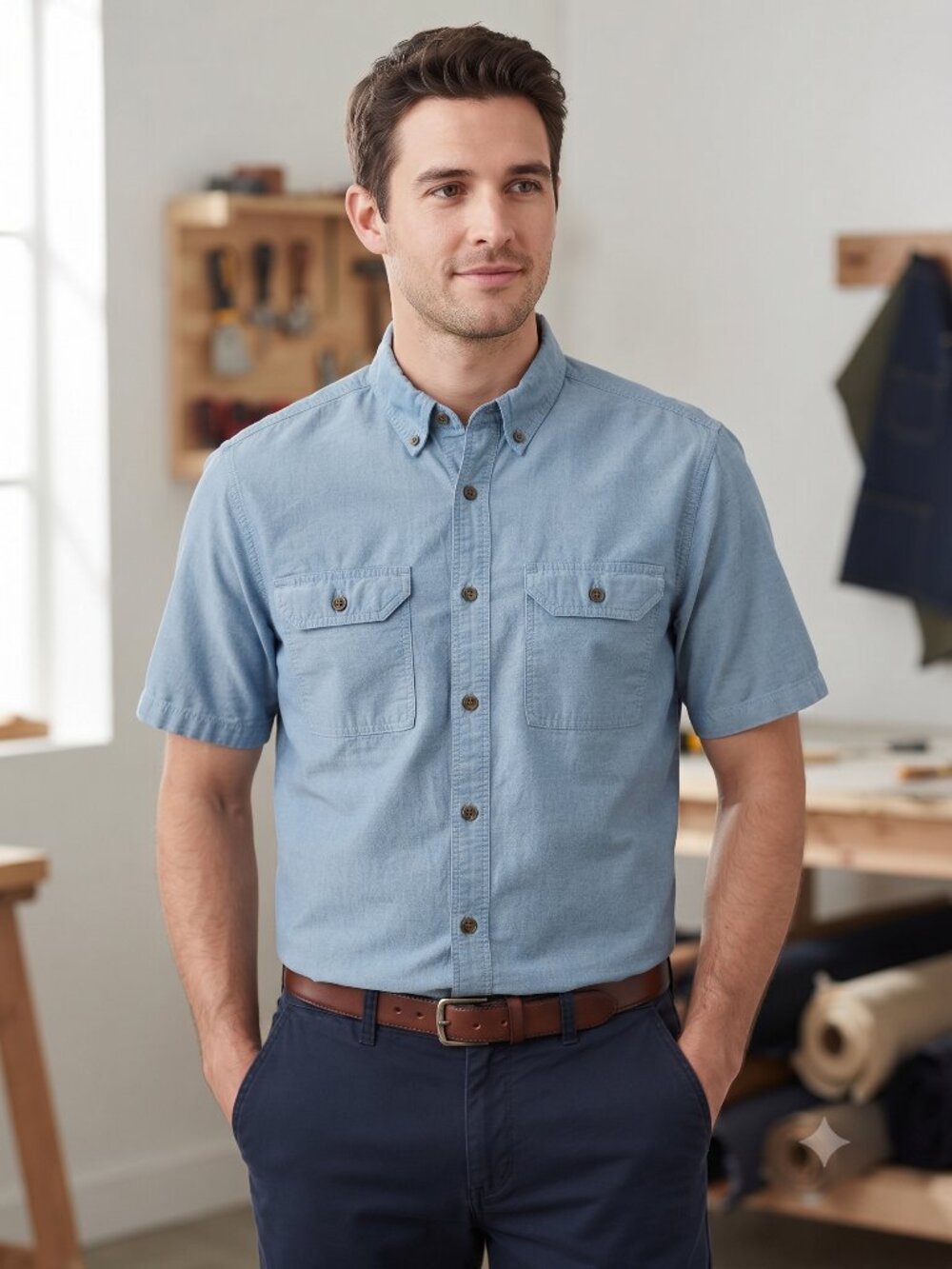Carhartt Men's Medium Blue Chambray Short Sleeve Button Down Work Shirt Relaxed